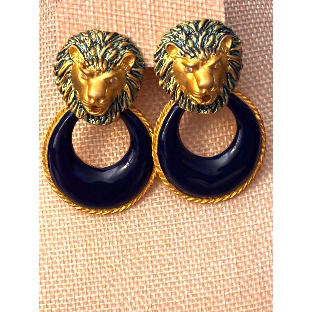 Vintage 1980s Lion Head Earrings Gold-Tone and Navy Enamel Clip-Ons